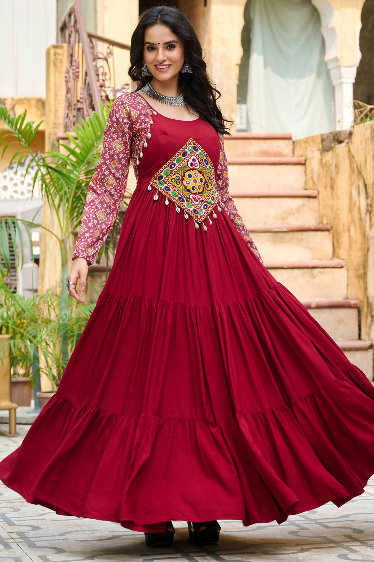 Buy Red Gamthi Work Rayon Navratri Special Gown At DLC – Designer