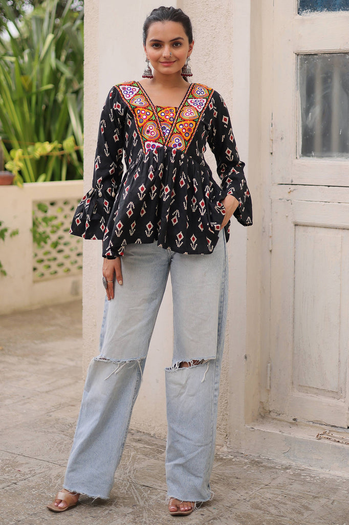 Tantalizing Maroon Patch Work Cotton Navratri Wear Peplum Top