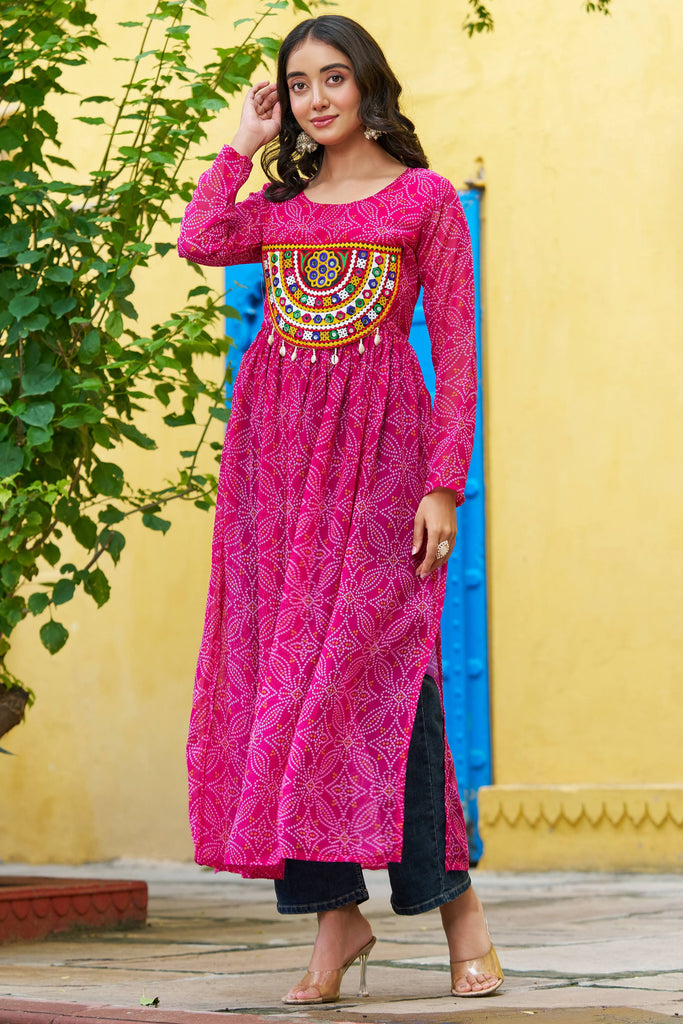 Adorable Pink Badhani Printed Georgette Navratri Special Long Kurti