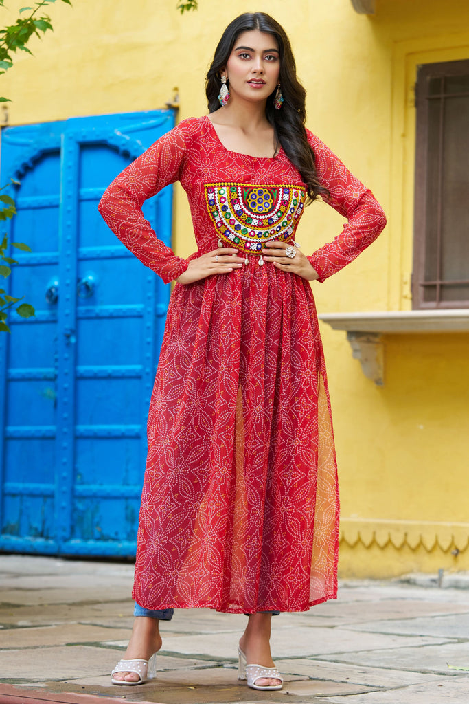 Wonderful Red Badhani Printed Georgette Festival Wear Kurti