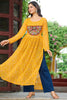 Attractive Yellow Gamthi Work Georgette Navratri Wear Long Kurti