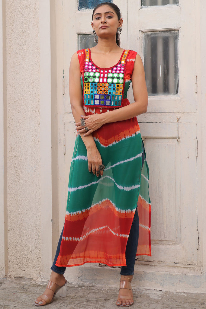 Fascinating Multi-Color Badhani Printed Georgette Festival Wear Kurti