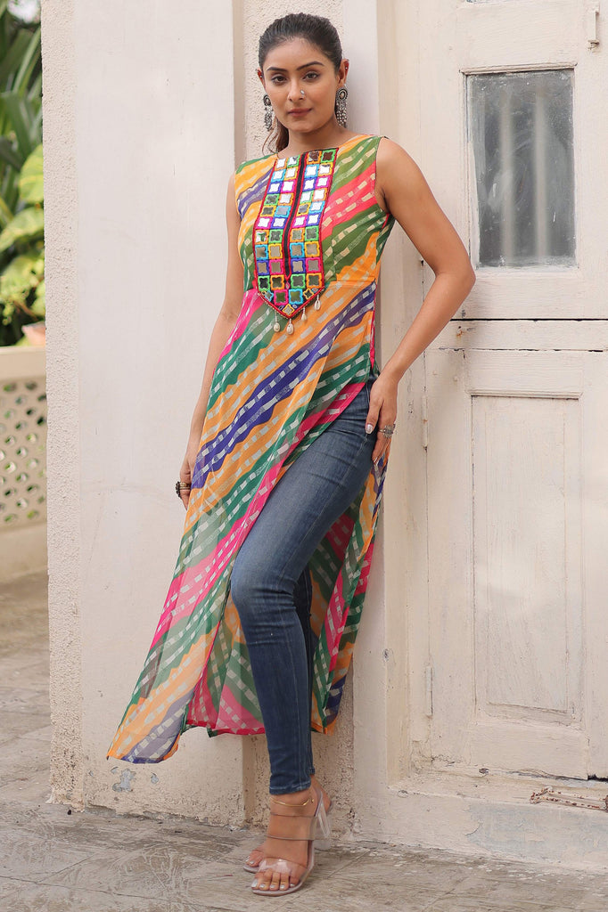 Dazzling Multi-Color Badhani Printed Georgette Traditional Long Kurti