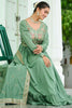 Beautiful Green Thread Embroidered Silk Event Wear Gown With Dupatta