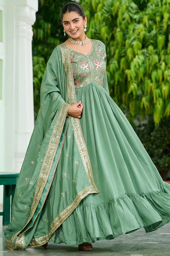Beautiful Green Thread Embroidered Silk Event Wear Gown With Dupatta