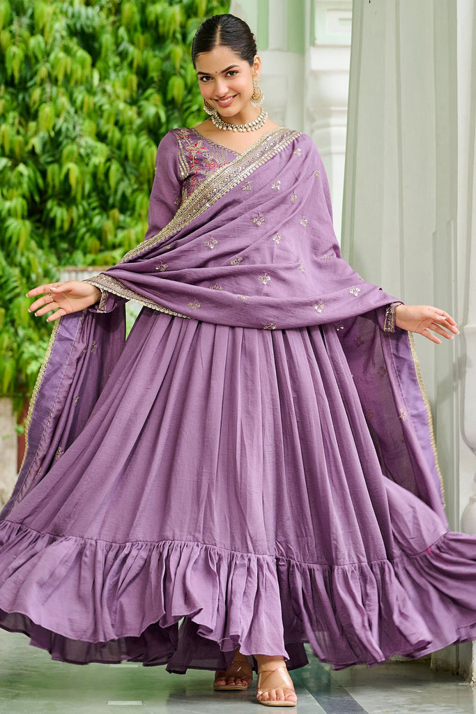 Fabulous Lavender Thread Work Silk Festival Wear Gown With Dupatta