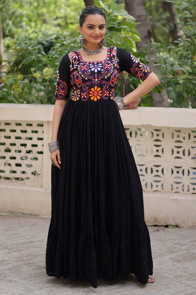 Elegant Black Rayon Thread Embroidered Navratri Special Gown