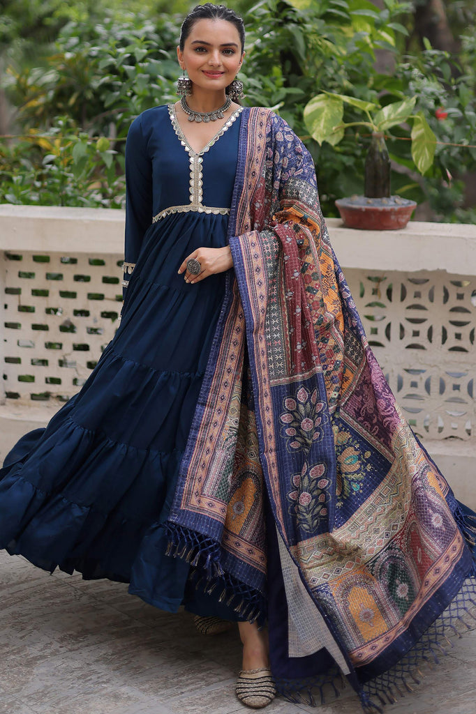 Spectacular Blue Border Work Rayon Festival Wear Gown With Dupatta