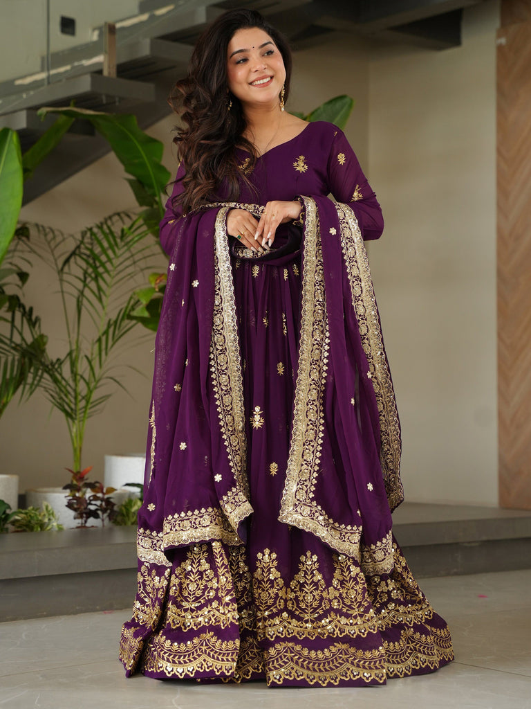 Wonderful Purple Sequins Embroidered Georgette Engagement Wear Gown