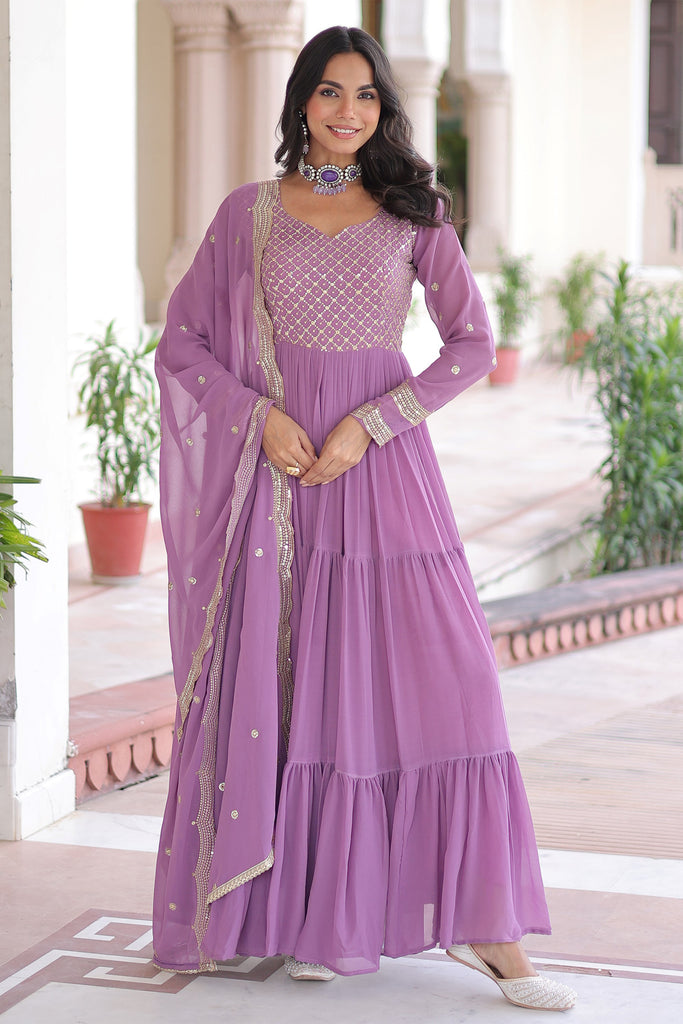 Elegant Purple Zari Embroidered Georgette Event Wear Gown With Dupatta