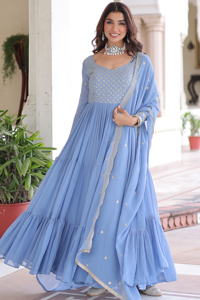 Incredible Sky-Blue Zari Embroidered Georgette Festival Wear Gown