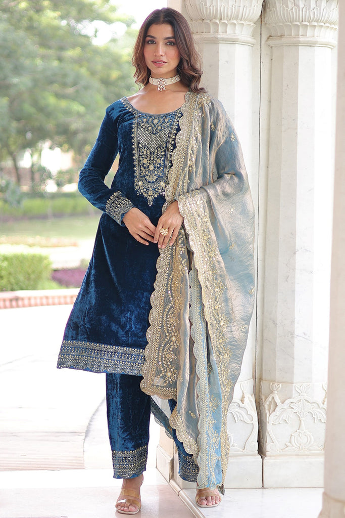 Amazing Blue Sequins Embroidered Velvet Salwar Kameez With Dupatta