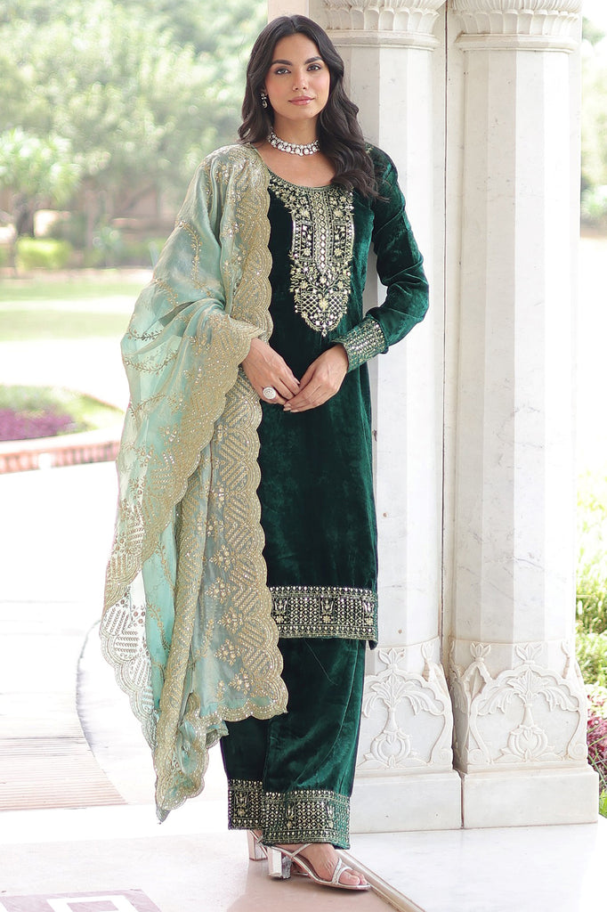 Awesome Green Sequins Embroidered Velvet Festival Wear Salwar Kameez