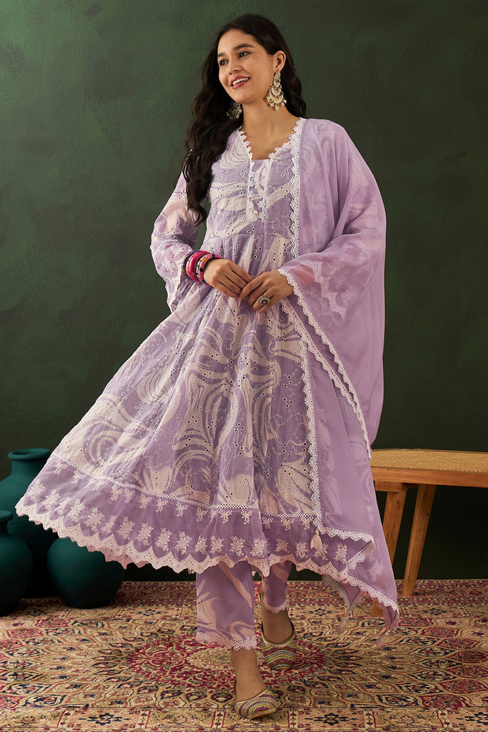 Glamorous Lavender Embroidered Cotton Readymade Anarkali Suit