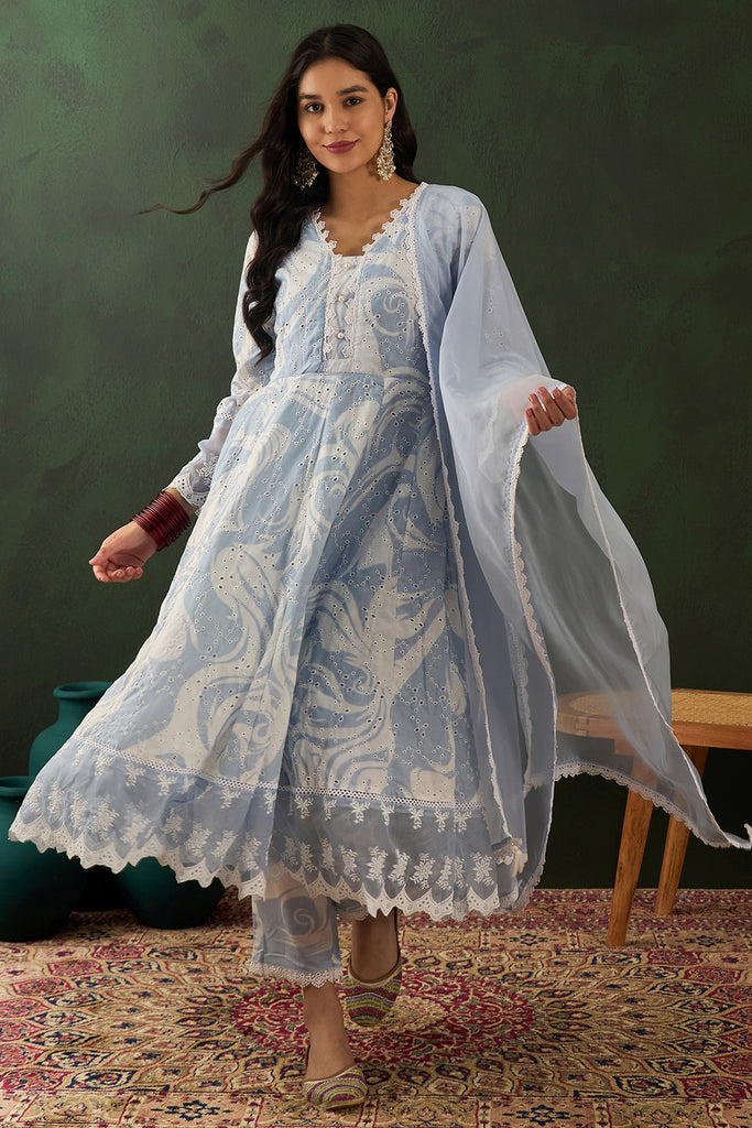 Gorgeous Blue Embroidered Cotton Festival Wear Anarkali Suit Pant