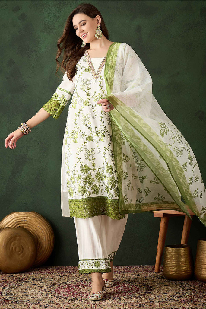 Attractive Olive Green Embroidered Silk Pant Suit With Dupatta