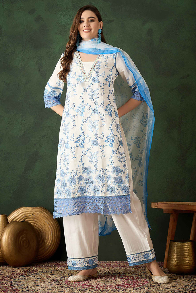 Tantalizing Blue Embroidered Silk Casual Wear Pant Suit With Dupatta