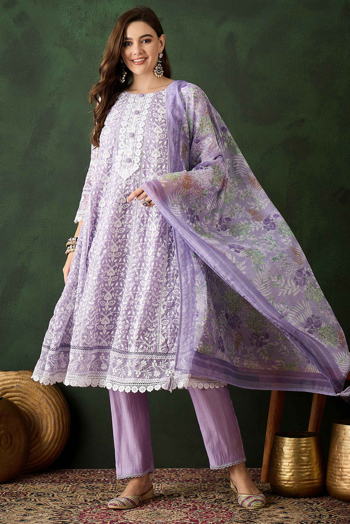 Ravishing Lavender Embroidered Organza Function Wear Pant Suit