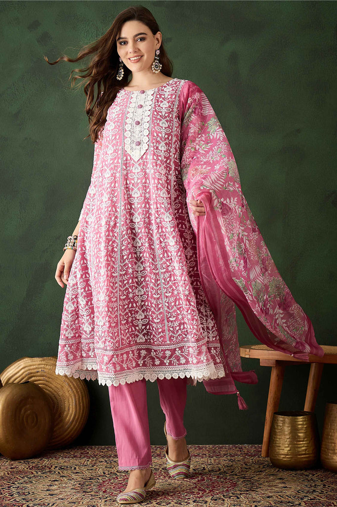 Beautiful Pink Embroidered Organza Traditional Pant Suit