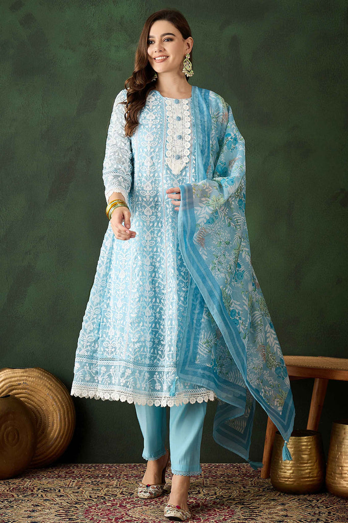 Captivating Sky Blue Embroidered Organza Function Wear Pant Suit