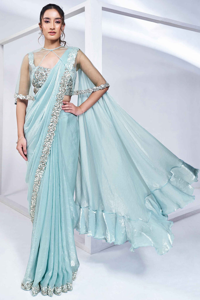 Attractive Powder Blue Satin Silk Pre-Stitched Saree With Blouse