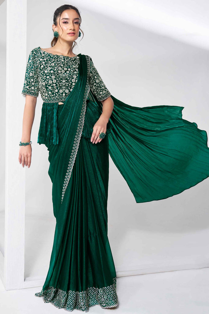 Marvelous Teal Green Chiffon Pre-Stitched Saree With Blouse