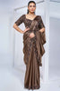 Incredible Brown Lace Work Satin Pre-Stitched Saree With Blouse