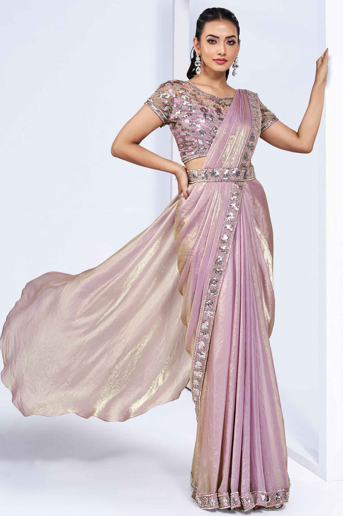 Unexpected Pink Lace Work Satin Pre-Stitched Saree With Blouse