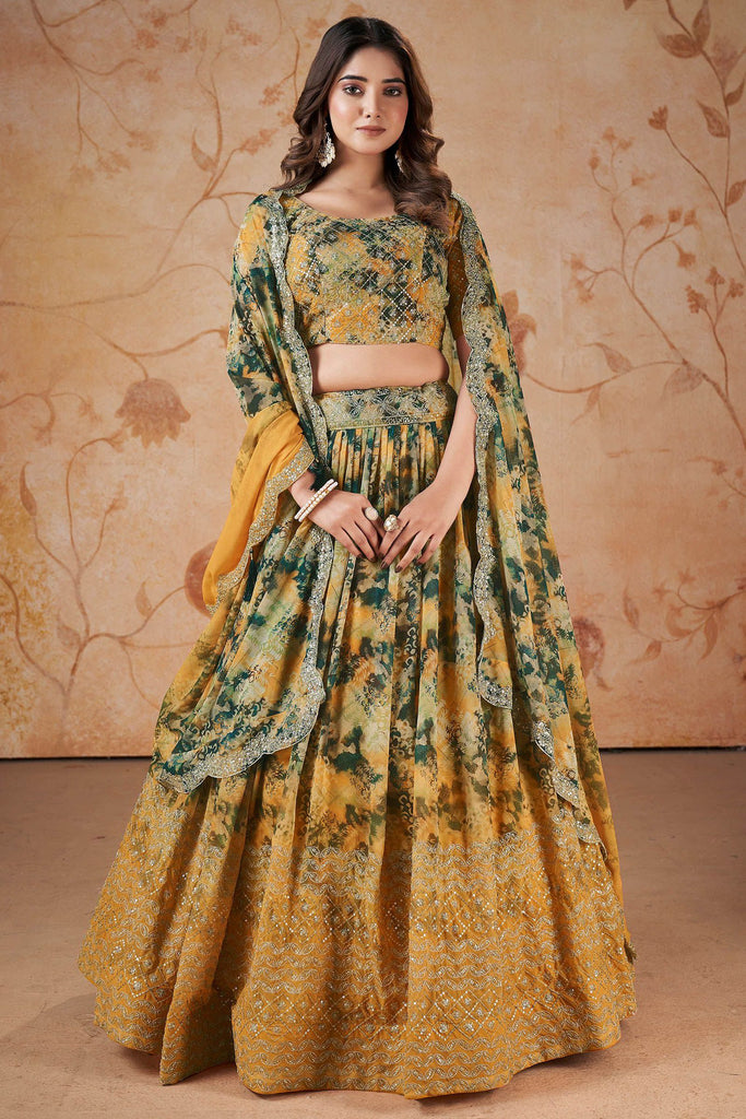 Marvelous Yellow Digital Printed Georgette Sangeet Wear Lehenga Choli