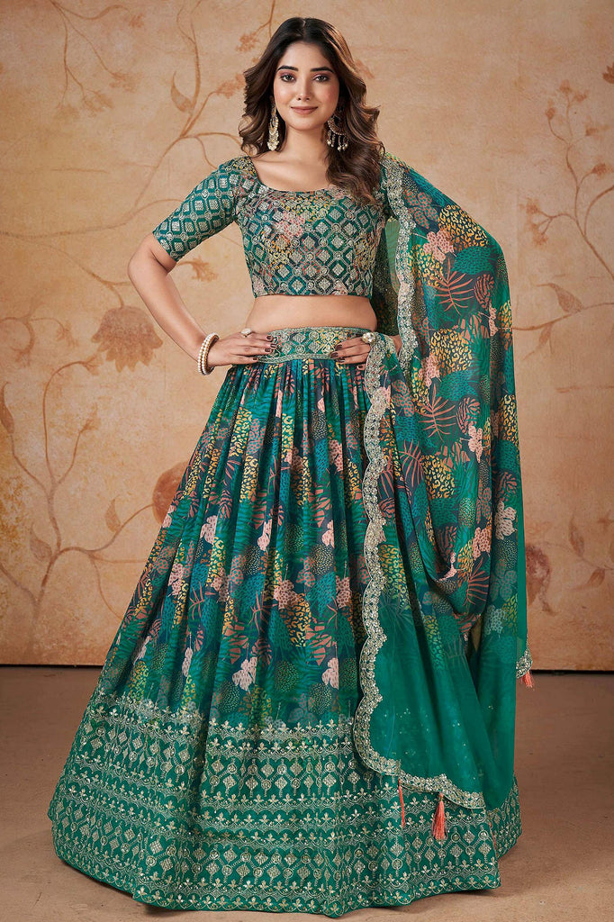 Majestic Green Digital Printed Georgette Festival Wear Lehenga Choli