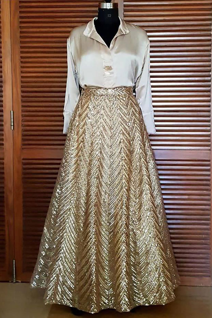 Wonderful Golden Sequins Georgette Reception Wear Lehenga With Top