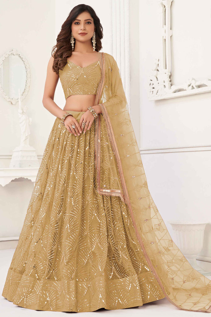 Pretty Brown Sequins Net Party Wear Lehenga Choli With Dupatta