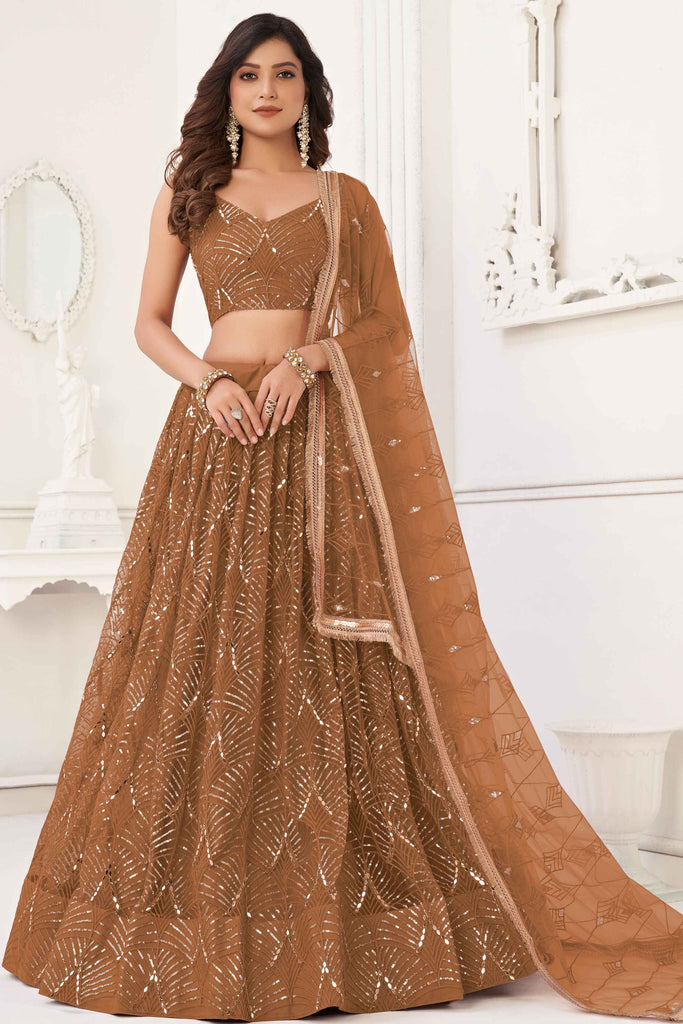 Wonderful Brown Color Sequins Net Wedding Wear Lehenga Choli