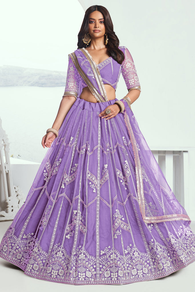 Winsome Lavender Embroidered Net Party Wear Lehenga Choli