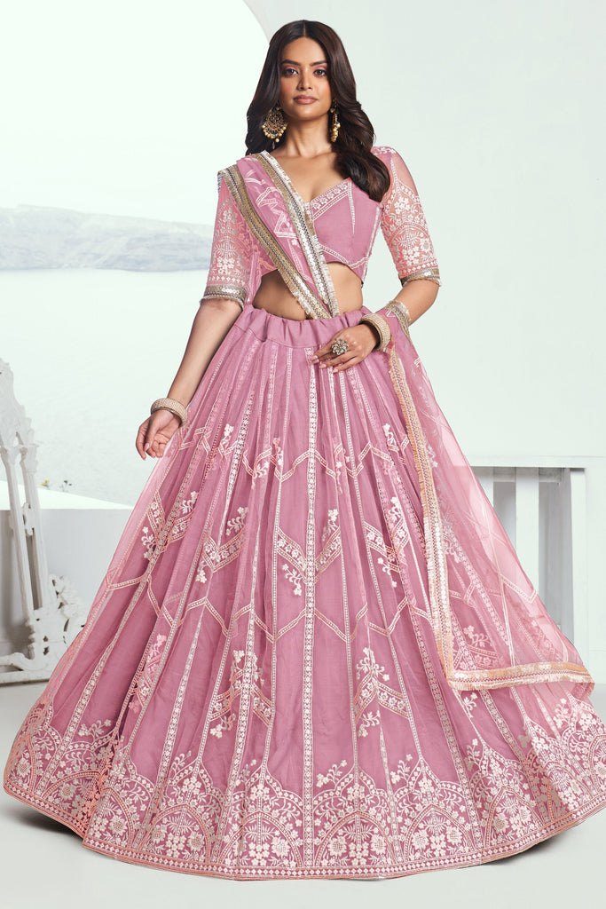 Wonderful Pink Thread Embroidered Net Wedding Wear Lehenga Choli