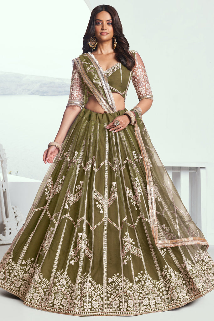 Stunning Olive-Green Embroidered Net Mehendi Wear Lehenga Choli