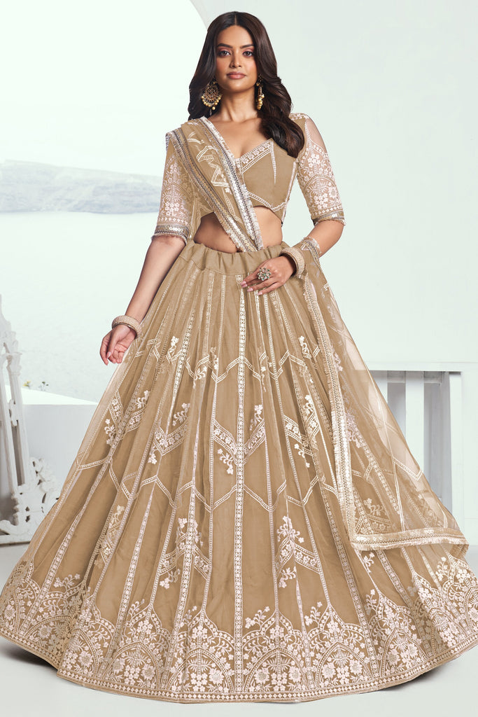 Glamorous Beige Thread Embroidered Net Wedding Wear Lehenga Choli