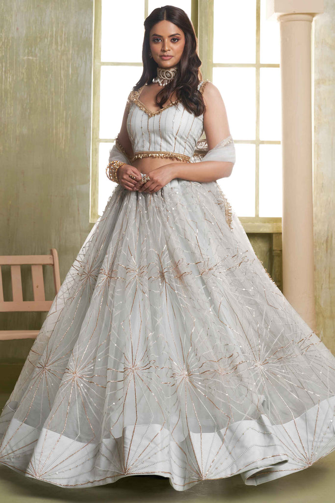 Surprising Light Grey Sequins Net Reception Wear Lehenga Choli