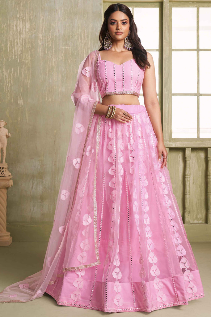 Fascinating Pink Thread Work Net Bridesmaid Lehenga Choli With Dupatta