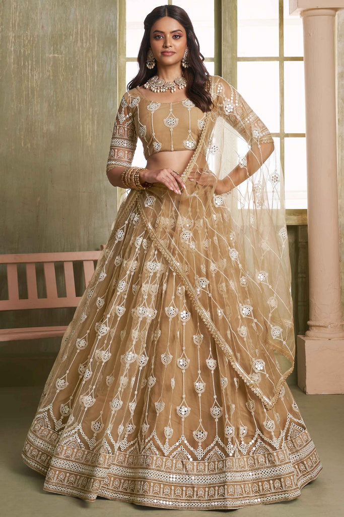 Breathtaking Beige Sequins Net Engagement Wear Lehenga Choli