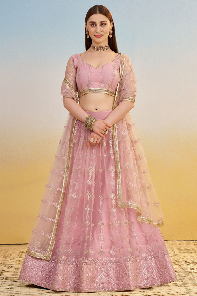 Beautiful Baby Pink Sequins Net Engagement Wear Lehenga Choli