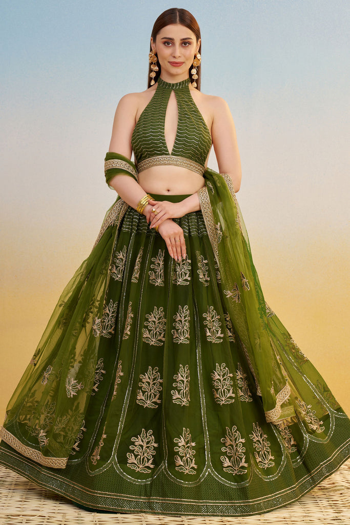Astonishing Green Thread Embroidered Mehendi Wear Lehenga Choli