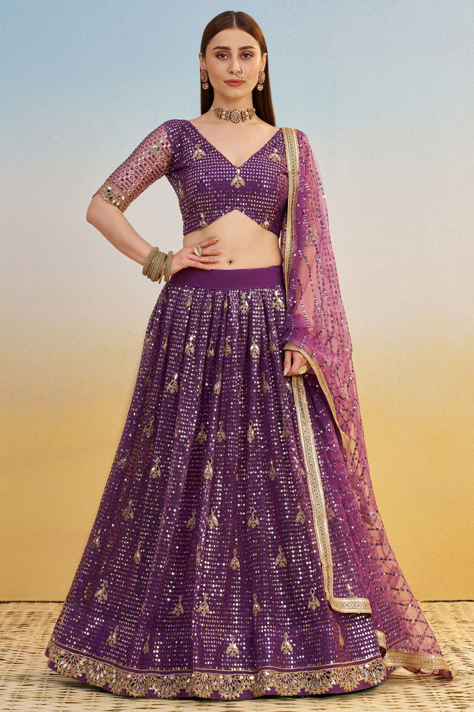 Incredible Purple Thread Work Net Bridesmaid Lehenga Choli