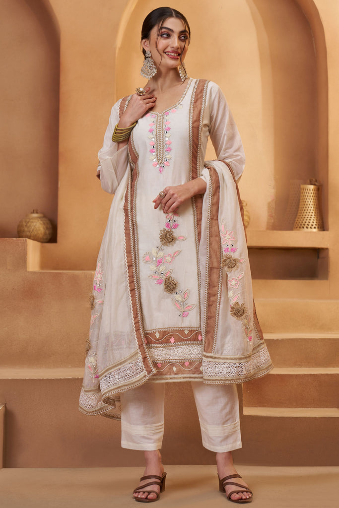 Lovely Off-White Thread Work Cotton Traditional Suit Pant With Dupatta