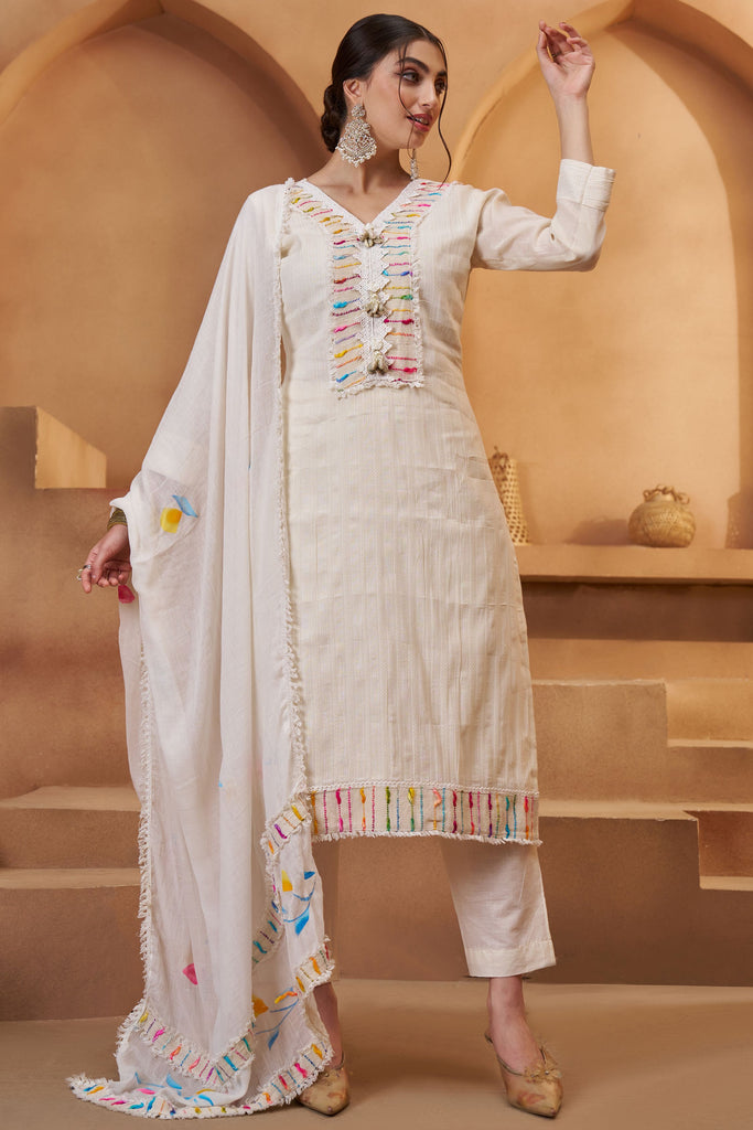 Awesome Off-White Thread Work Event Wear Pant Suit With Dupatta