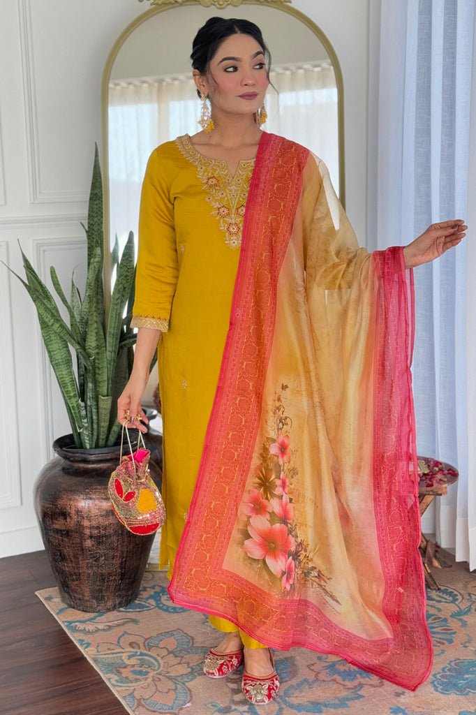 Gorgeous Yellow Embroidered Rayon Straight Suit With Dupatta