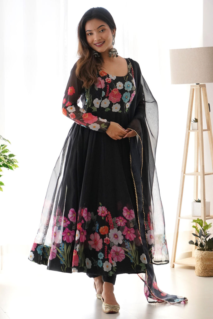 Stunning Black Floral Printed Organza Silk Event Wear Anarkali Suit