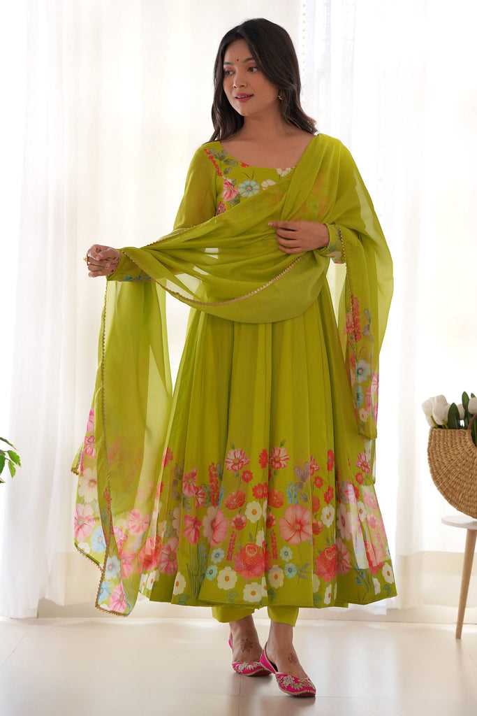 Lovely Light Green Floral Printed Organza Festival Wear Anarkali Suit
