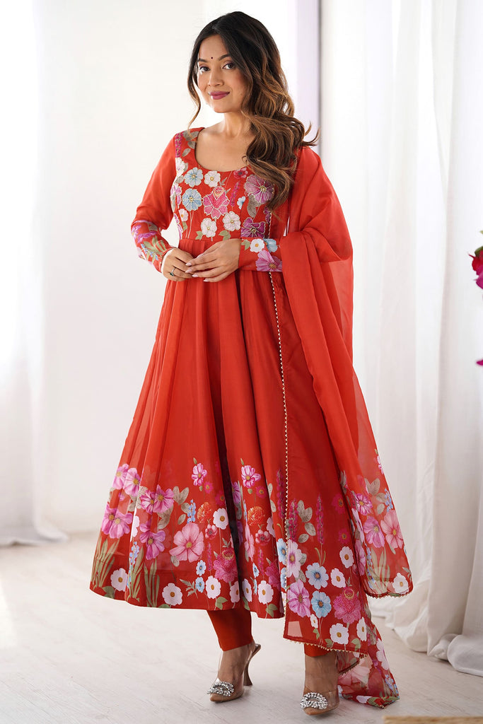 Lovely Orange Floral Printed Organza Festive Wear Anarkali Suit