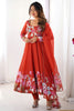 Lovely Orange Floral Printed Organza Festive Wear Anarkali Suit